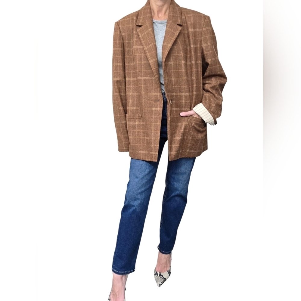 Vintage 90s Ellen Tracy Wool Cashmere Brown Plaid Oversized Blazer